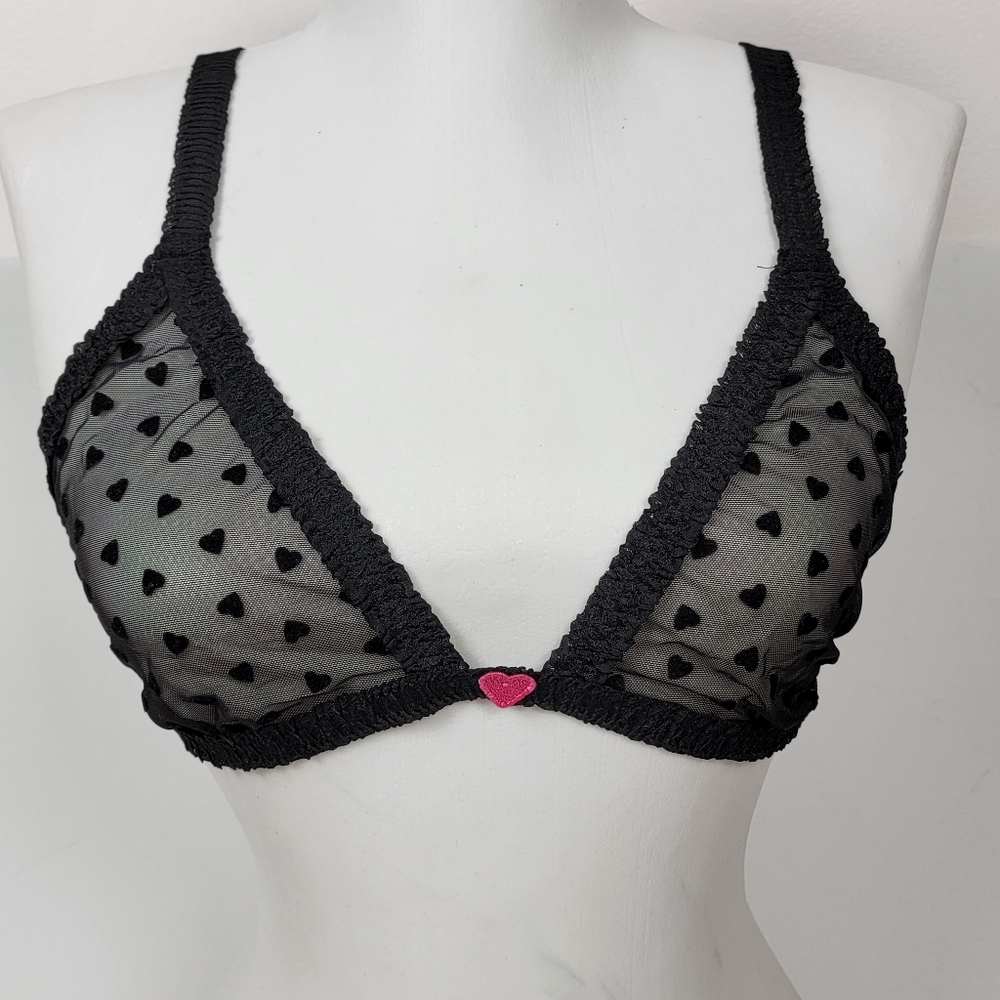 PINK Victoria's Secret Black Velvet  Heart Mesh Bralette Tease M/L - Picture 4 of 11